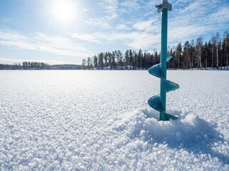 Ice fishing auger on a beautiful frozen lake covered with snow on a sunny winter day.