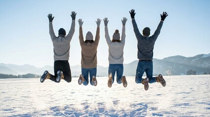 Obraz premium Group of friends jumping for joy in a snowy mountain landscape on a sunny winter day.