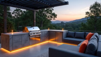 Luxury outdoor kitchen with stainless steel grill, fridge under pergola. Polished stone counters, modern seating area with ambient lighting. Elegant space for entertaining at sunset with cozy vibe.