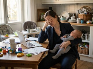 Exhausted businesswoman juggling remote work and a crying newborn baby in a messy kitchen.