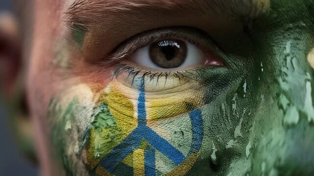 Close-Up of Soldier Closing Eye with Peace Sign Face Paint