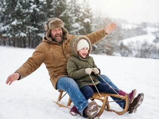 Joyful father and daughter sledding together down a snowy hill in winter.