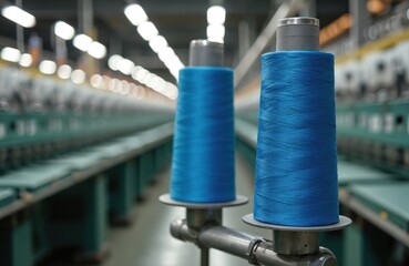 Blue thread spools on industrial sewing machines. Manufacturing workshop with rows of equipment. Automated textile production line for fabric creation.
