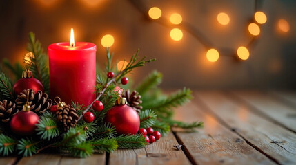 Christmas Background: glowing red candles, red balls, pine branches, berries, and ornaments, with soft bokeh background