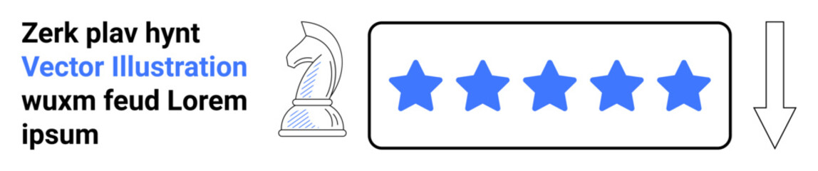 Customer feedback, quality rating, strategic planning, user satisfaction, ranking systems, review concepts. Chess knight beside five blue stars and arrow. Quality rating and customer feedback