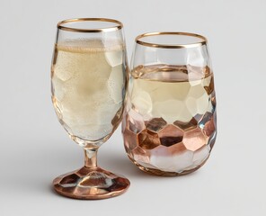 Romantic celebration setting featuring pearlescent glasses surrounded by soft blooms and gentle light