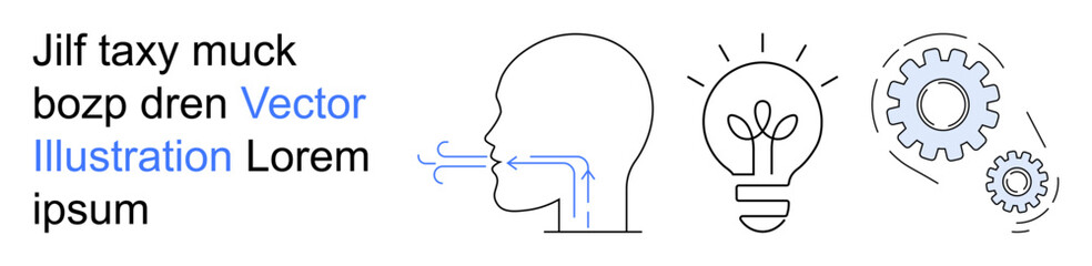 Education, innovation, biometrics, green energy, sustainability, technology. Line art of breathing process, light bulb with plant and mechanical gears. Education and innovation concepts