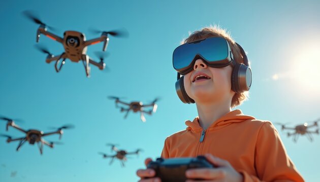 Boy controls flying drones with remote controller. Kid wears vr headset and headphones. Caucasian child plays piloting drones in blue sky. Modern tech lifestyle, new hobby innovation.