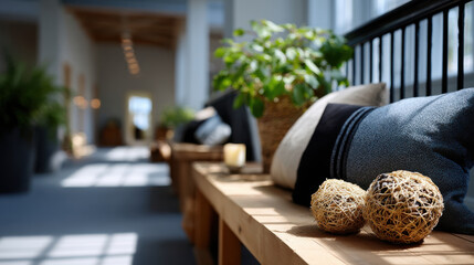 A cozy hallway adorned with soft colors, natural decorations, and inviting cushions creates a relaxing atmosphere, perfectly capturing the essence of modern, comfortable living.