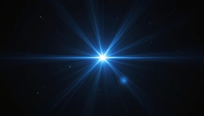 Bright blue starburst flare radiates from center on dark background. Light streaks and particles suggest cosmic or abstract energy. Shining glow emanates from bright light source.
