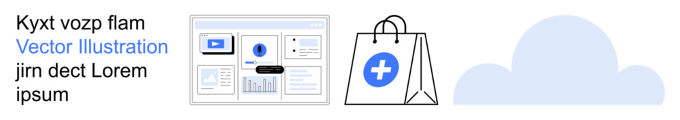 E-commerce, cloud computing, telemedicine, digital services, online platforms, virtual healthcare. Shopping bag with medical cross, cloud screen interface. E-commerce and cloud computing concept