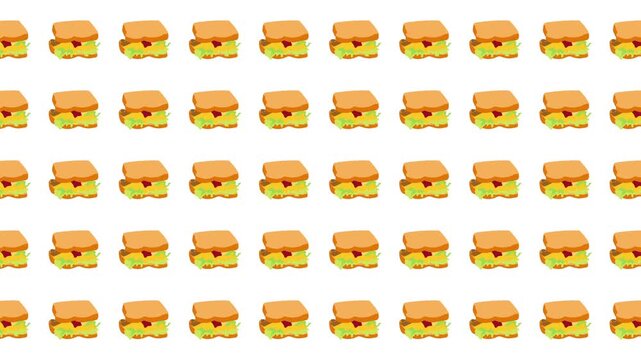 Pattern of cartoon sandwich images on white background. Suitable for food menus, restaurant flyers, and graphic design projects.