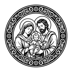 Nativity Scene with Holy Family, Mary, Joseph, and Baby Jesus. Lineal illustration.	
