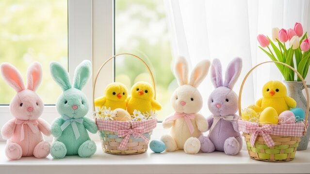 Colorful easter display with plush bunnies, chicks, baskets, and tulips by the window