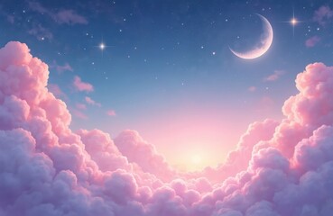 Naklejka premium Dreamy illustration of pastel sky with soft pink clouds. Crescent moon shines alongside stars. Gentle sunrise glow creates peaceful atmosphere. Ideal design for fantasy related projects, creative