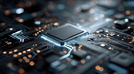 High-Tech Microchip on Motherboard Emitting Blue Light, Data Transfer Technology