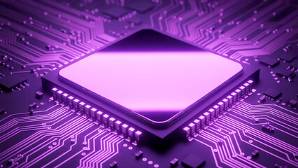 ネオン光で青と紫にきらきら光る回路が基板上を走り、なめらかな質感とともに未来的な雰囲気を演出するCG表現です。テクノロジーの進歩や希望を象徴