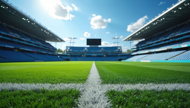 Center view of bright green football field with white lines. Blue sky with clouds above open stadium. Sunny day at sports arena, bleachers with seats ready for fans.