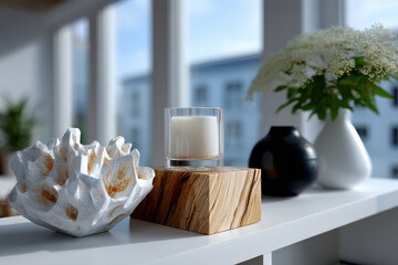 An elegant shelf display featuring a candle, a shell centerpiece, and flowers in stylish vases, evoking a feeling of nature-inspired refinement and peaceful aesthetics.