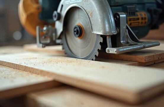 Close up photo shows a circular saw cutting wood board. The power tool is in use at a workshop. Saw blade detail is visible during timber processing in a joinery.