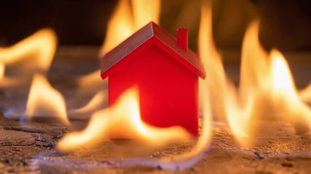 Burning Plastic Toy House Close-Up &ndash; Housing Market Crisis Concept Video