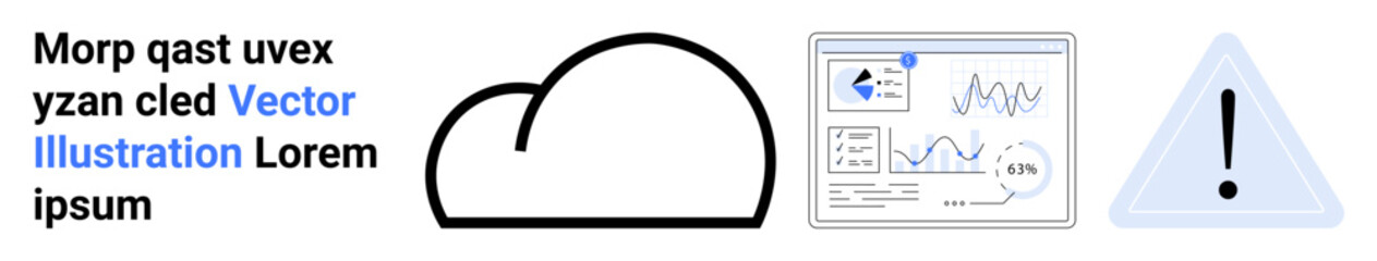 Cloud storage, data analysis, cybersecurity, risk management, technology trends, digital interface. Cloud outline, data dashboard warning triangle. Cloud storage and data analysis concepts