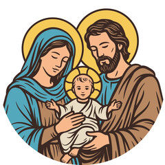 Obraz premium Nativity Scene with Holy Family, Mary, Joseph, and Baby Jesus. Lineal illustration.
