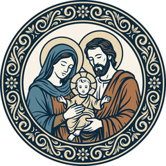 Fototapeta premium Nativity Scene with Holy Family, Mary, Joseph, and Baby Jesus. Lineal illustration.