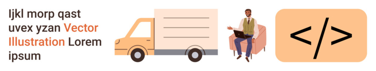 Logistics, web development, programming, coding, technology interface, delivery services. A truck, code tag and person sitting with a laptop. Logistics and web development concept