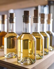 Bottles of amber liquid on shelf