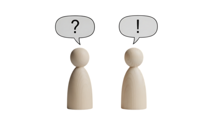 Wooden figures represent communication conflict or question mark versus exclamation point