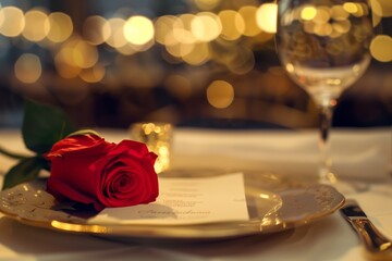 Red rose on a luxurious table setting with menu card, gold plate, and wine glass, romantic fine-dining scene for Valentines Day and anniversary.