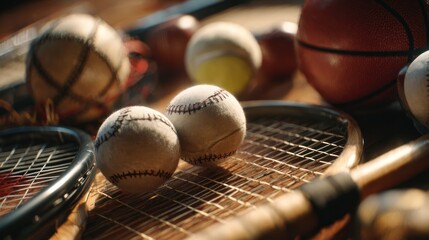 Nostalgic still life featuring vintage sports equipment and textural elements