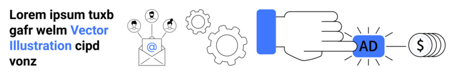 Digital marketing, pay per click, online advertising, email campaign, user engagement, business growth. Hand pressing ad button with dollar symbol, email icon and settings gears. Digital marketing