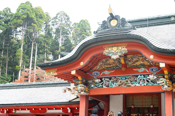 荘厳な社殿装飾が輝く静寂の神社風景