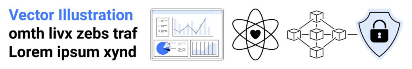 Analytics dashboard, atomic model, blockchain network, secure shield lock. Ideal for data analysis, science innovation, technology, blockchain, cybersecurity research simple landing page