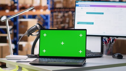 Empty storage room depot shows screen with copy space mockup, fulfillment center shipping cargo packages for online shopping e-commerce business. Local brand stock room.