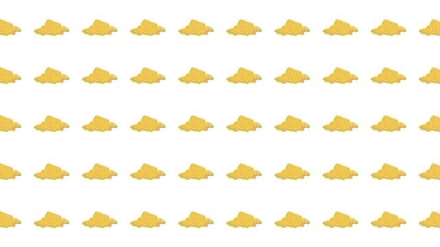 Repeating cartoon corn chip pattern in yellow. Ideal for food packaging design, restaurant menus, snack advertisements, fabric prints.