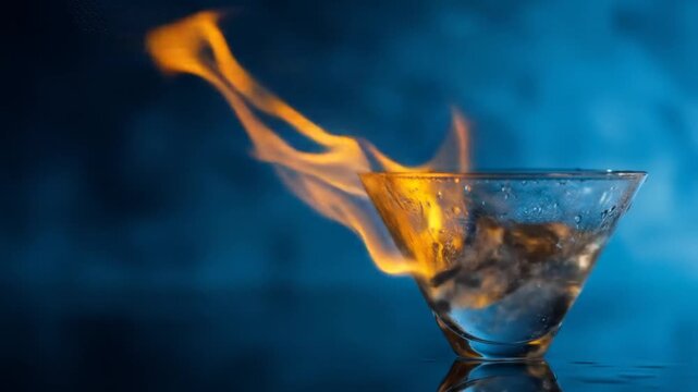 Flaming cocktail glass with fire and vapor against a blue backdrop
