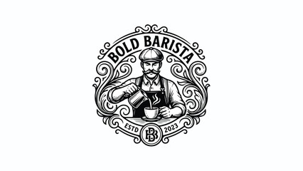 Vintage Barista Logo with Ornate Details and Coffee Pouring Scene.