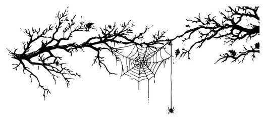 Spooky tree branch silhouette with hanging spider web vector illustration