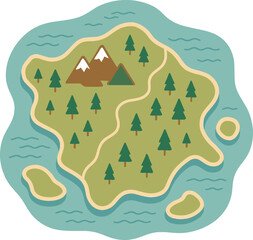 Cartoon map illustration of a lush green island featuring mountains trees and surrounding blue ocean water