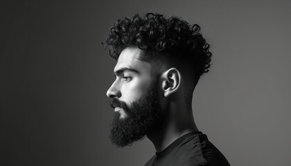 Man with curly hair and beard poses in profile. Black and white studio portrait shows trendy haircut style. Male model looks ahead with serious expression, grey background.