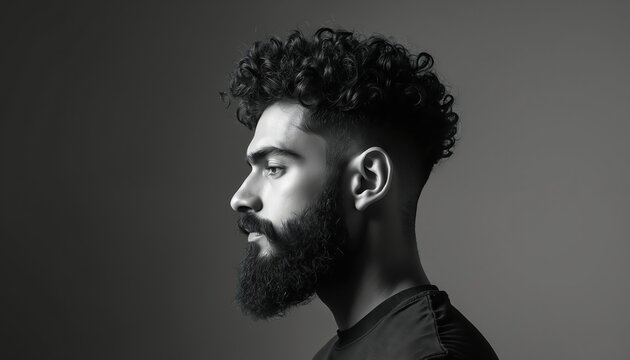 Man with curly hair and beard poses in profile. Black and white studio portrait shows trendy haircut style. Male model looks ahead with serious expression, grey background.