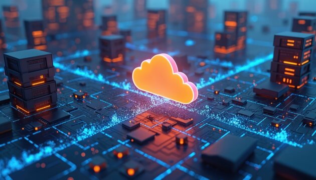 Cloud computing service concept shown. It features cloud icon surrounded by server infrastructure. Data flows thru glowing blue network. Suitable for cloud solutions, AI, data analytics, and IT.