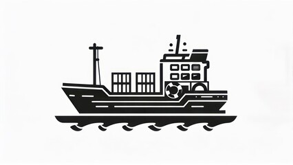 Obraz premium Simple black and white illustration of a cargo ship on waves