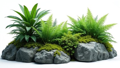 Rich green tropical plants ferns and moss grow on rocks. This jungle flora composition features varied textures and shades of green set against a stark white background.
