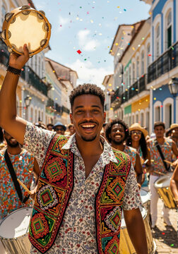 Homem sorridente tocando pandeiro em desfile de carnaval de rua