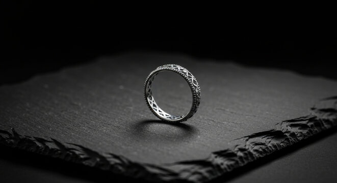 Anel de prata vintage com detalhes ornamentais e pedra delicada sobre fundo escuro