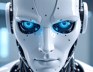 Futuristic robot close-up showcasing advanced AI technology with glowing blue elements.
